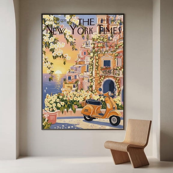 Vintage Italian Travel Poster Wall Art | Coastal Mediterranean Sunset Decor | 1932 Cover Design Va-T10-145, Unframed Canvas Size 8x12