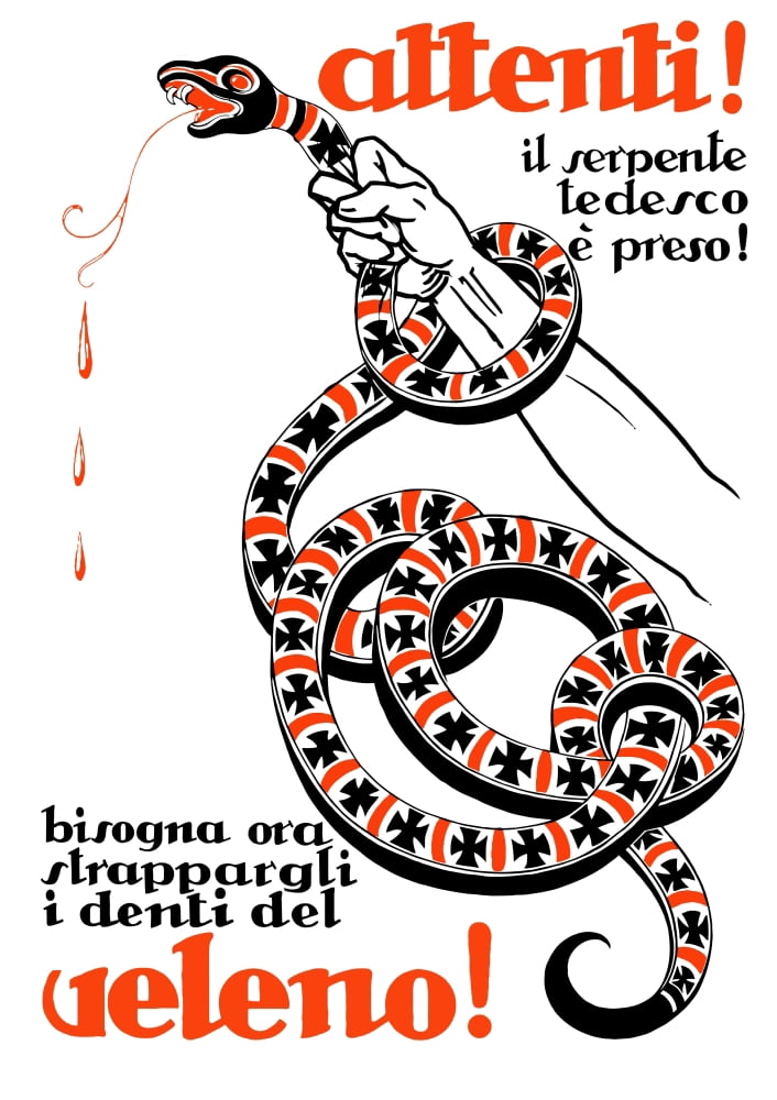 Vintage Italian World War One poster of a hand strangling a snake Canvas Art - John ParrotStocktrek Images (12 x 17)