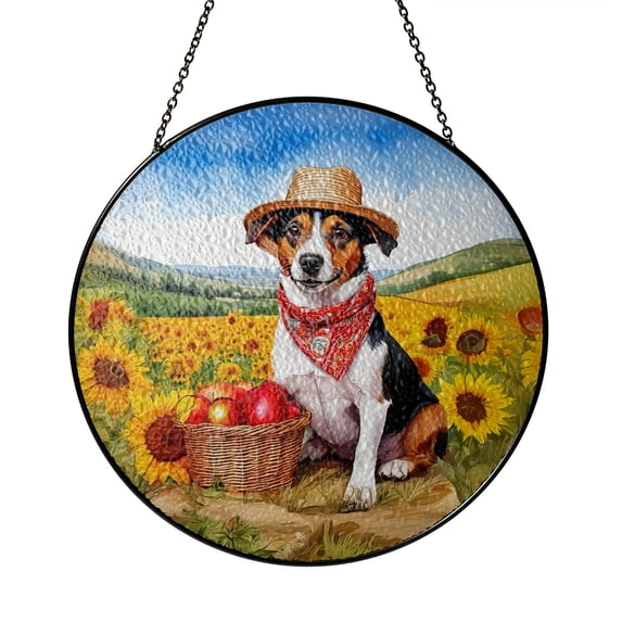 Vintage Jack Russell Terrier Says Hello Mother's Day Summer Sunflower Field Stained Glass Suncatcher Parson Jack Dog Lover Window Hanging Sign Decor - 12005