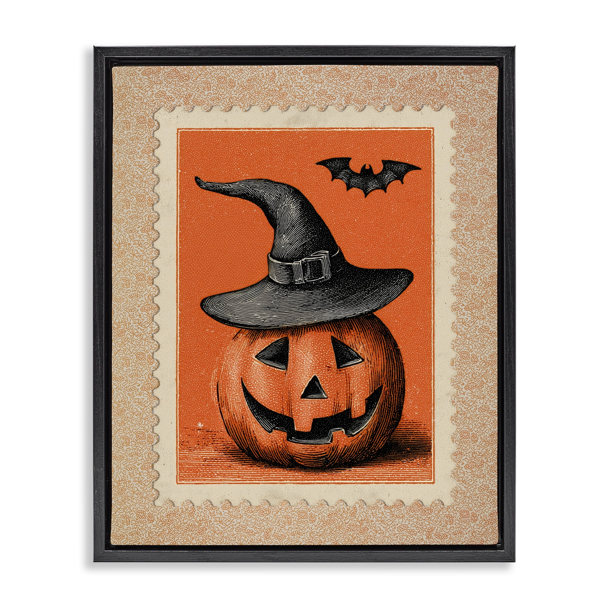 Vintage Jack-o-Lantern Stamp Black Framed Floater Canvas Wall Art, design by Arlington Prints