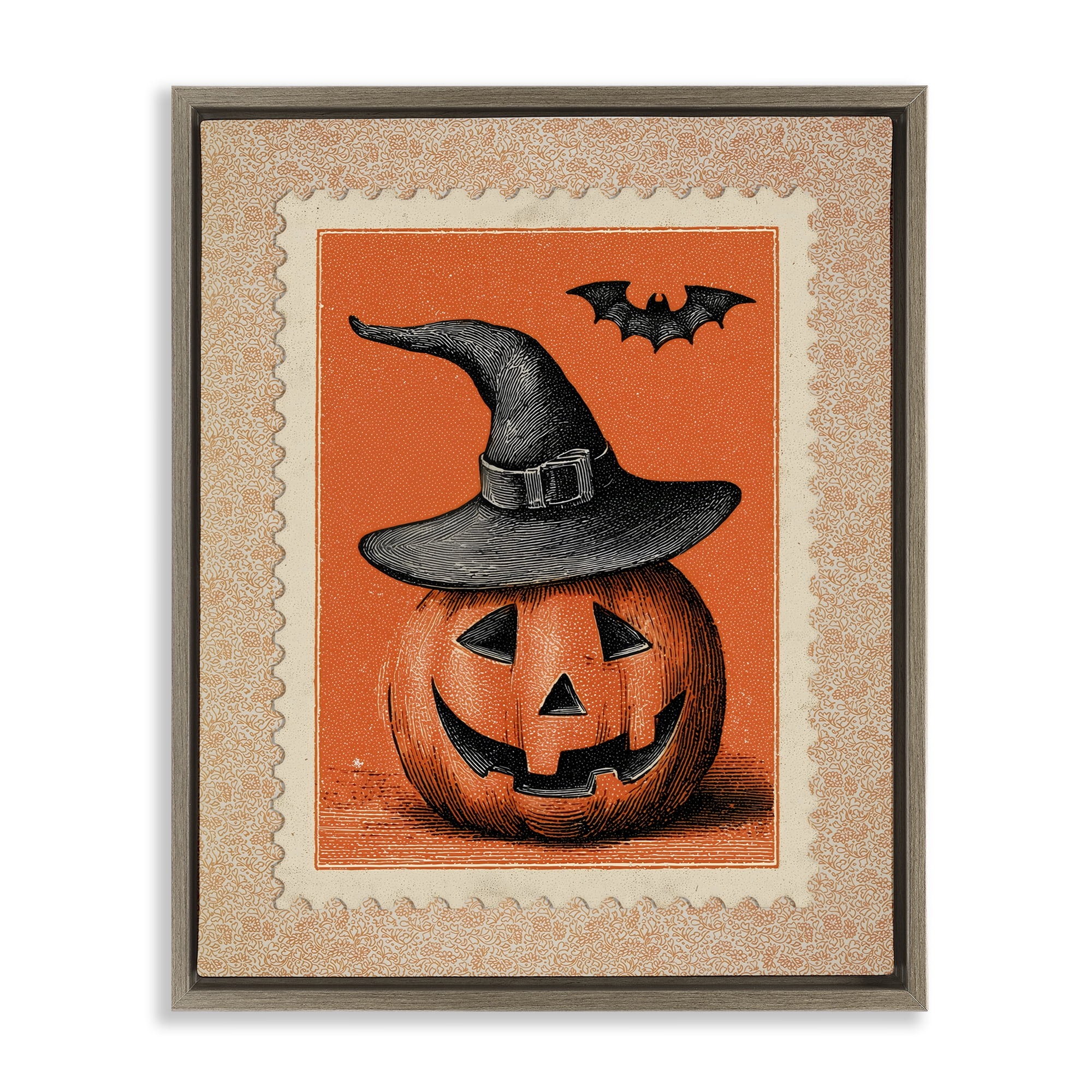 Vintage Jack-o-Lantern Stamp Brown Framed Floater Canvas Wall Art, design by Arlington Prints
