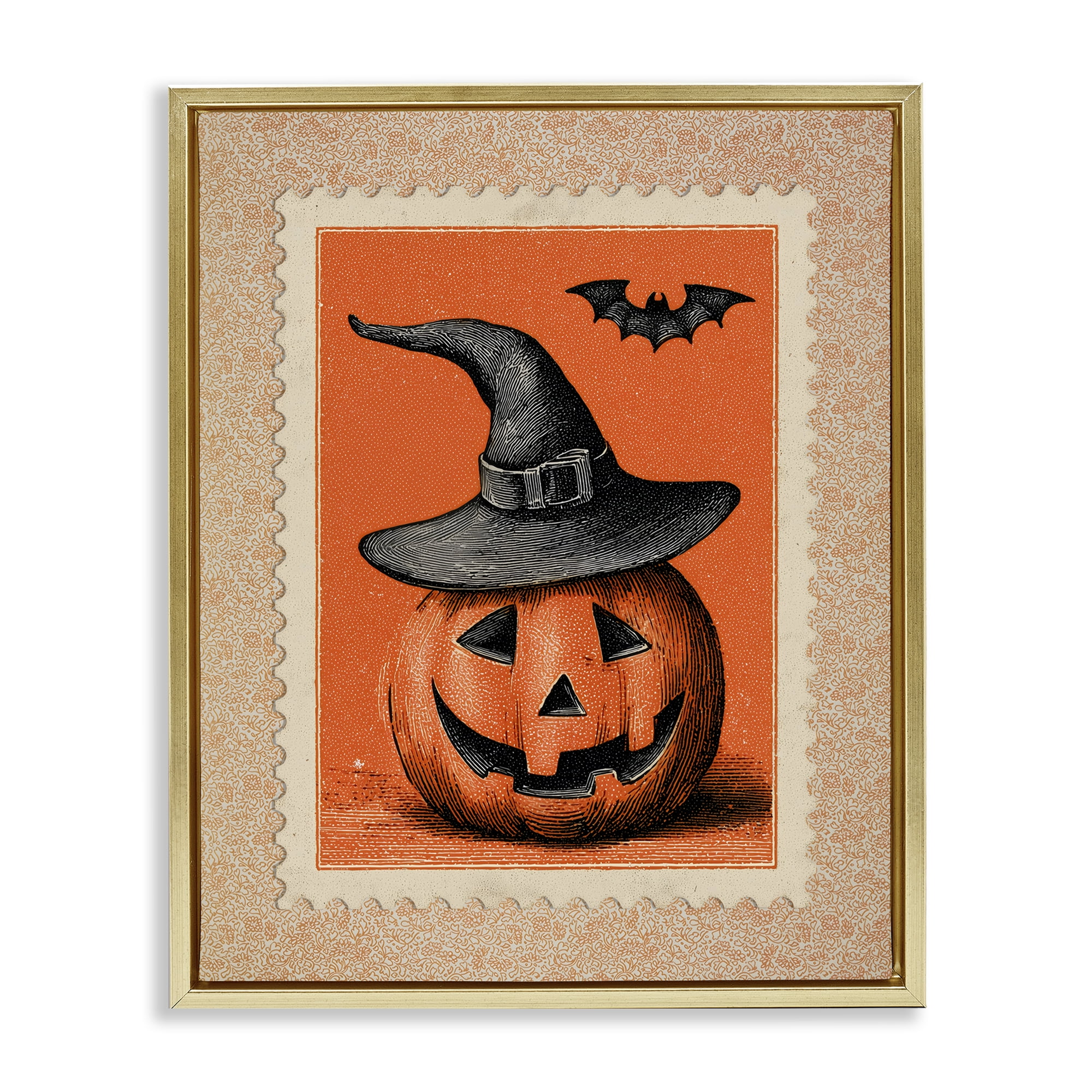 Vintage Jack-o-Lantern Stamp Gold Framed Floater Canvas Wall Art, design by Arlington Prints