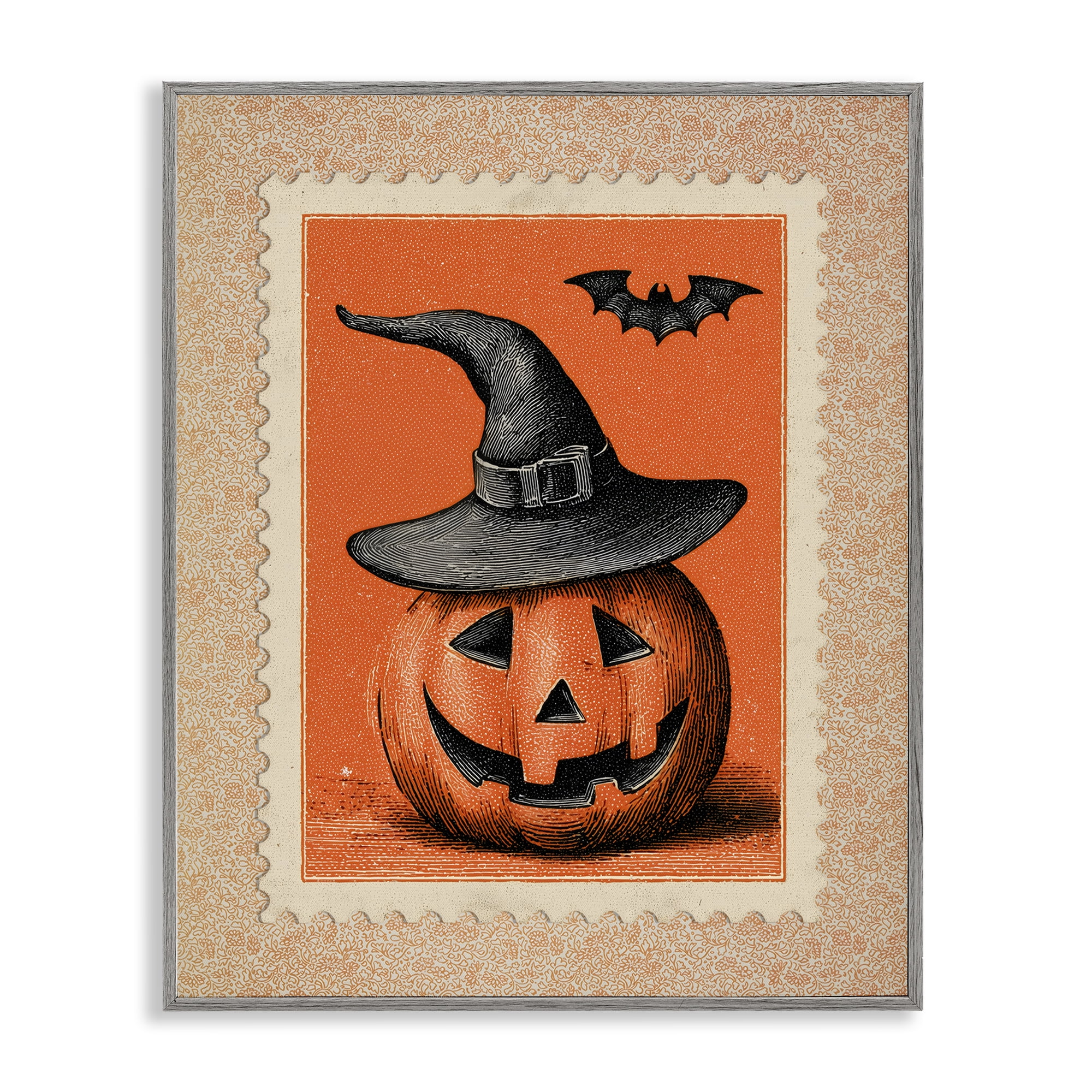 Vintage Jack-o-Lantern Stamp Gray Framed Giclee Art, design by Arlington Prints