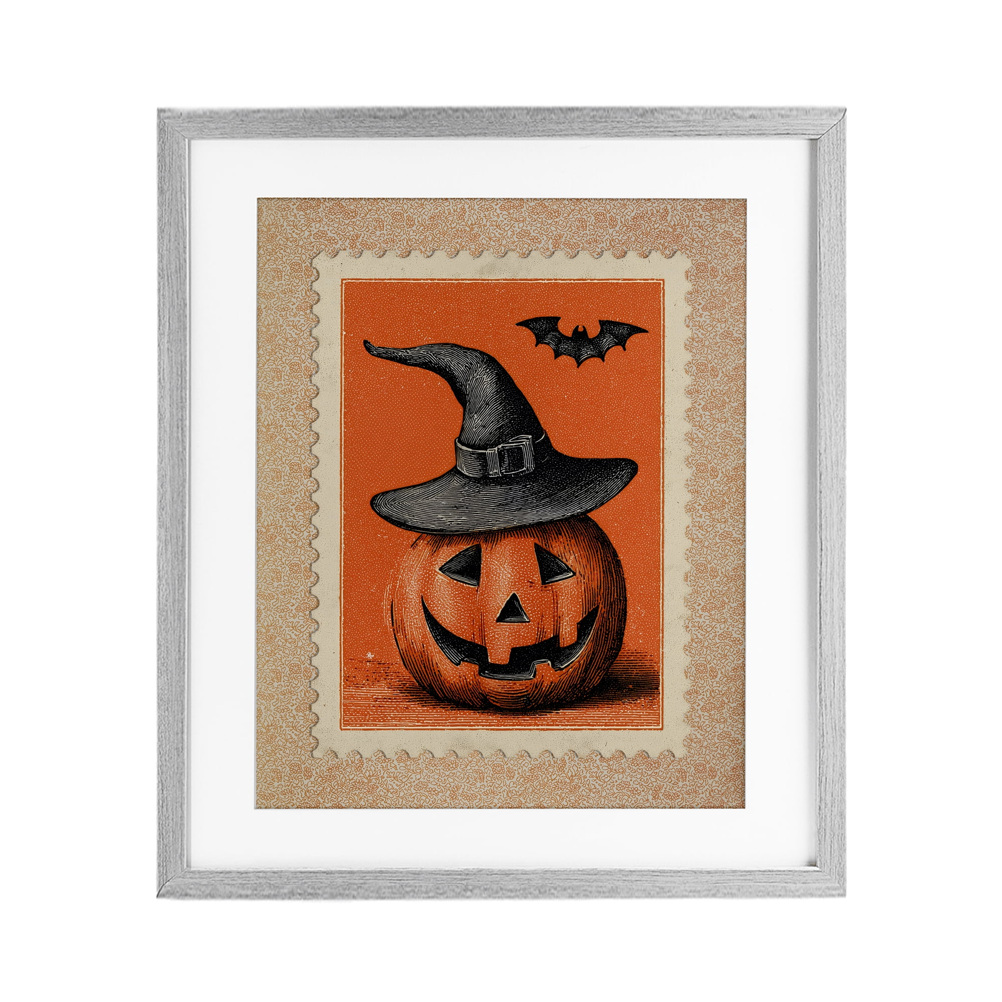 Vintage Jack-o-Lantern Stamp Gray Framed Print Under Glass, design by Arlington Prints