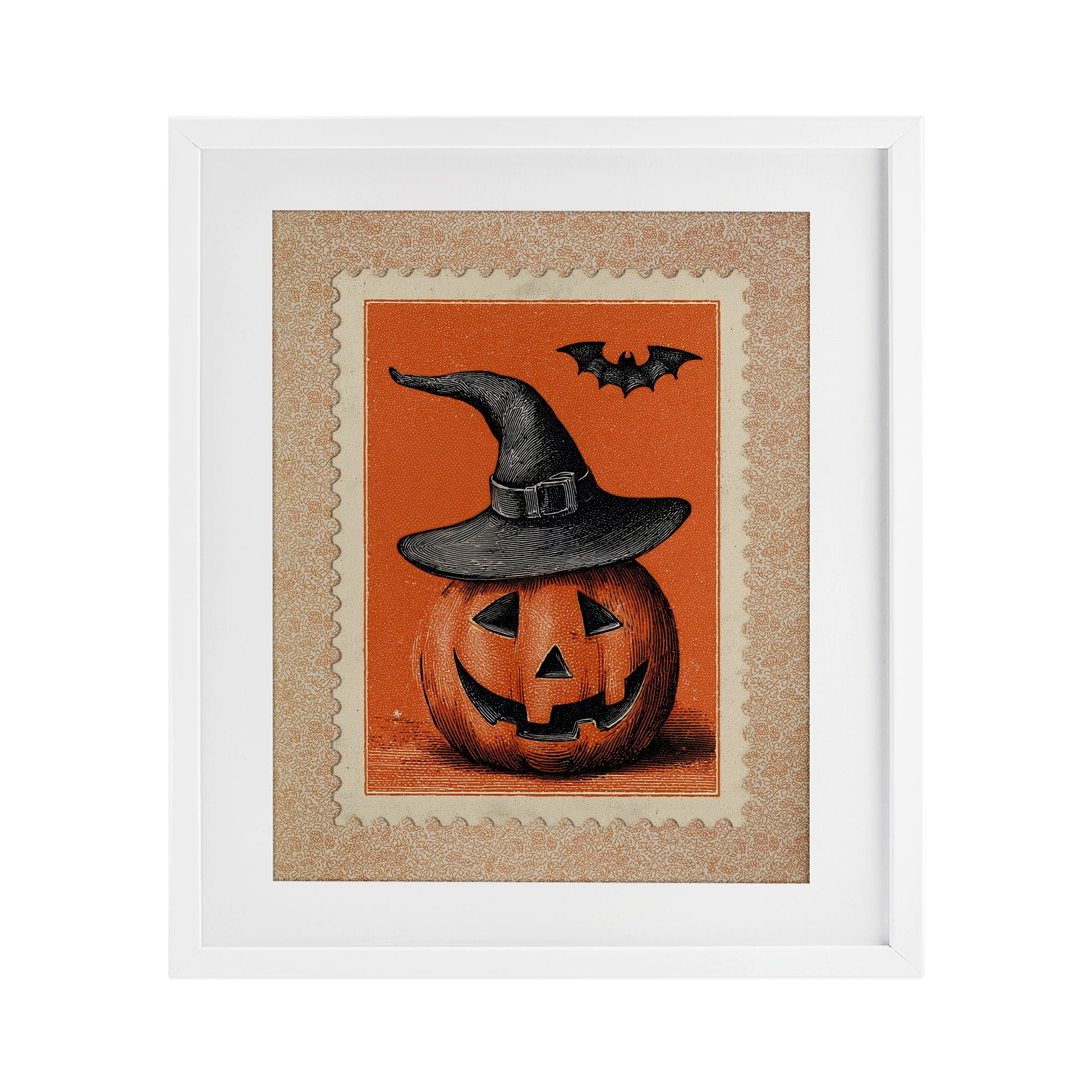 Vintage Jack-o-Lantern Stamp White Framed Print Under Glass, design by Arlington Prints