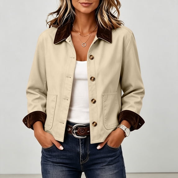 Vintage Jacket Women Fall Cozy Corduroy Long Sleeve Jackets Lapel Collar with Pockets Winter Warm Barn Jacket Bottom Down Casual Trendy Daily Outerwear