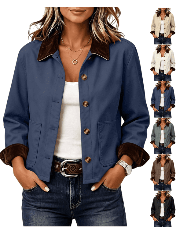 Vintage Jacket Women Fall Cozy Corduroy Long Sleeve Jackets Lapel Collar with Pockets Winter Warm Barn Jacket Bottom Down Casual Trendy Daily Outerwear