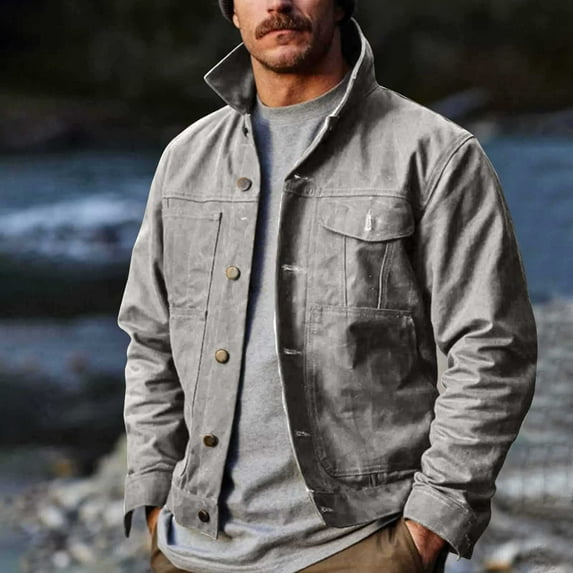 Vintage Jackets for Men with Pockets and Collared Button-Down Coats Mens Casual Solid Color Long Sleeve Lightweight Fall Outerwear Jacket