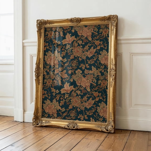 Vintage Jacquard Floral Print Blue Red Art French Country Wall Decor Ornate Cottagecore Wall Art