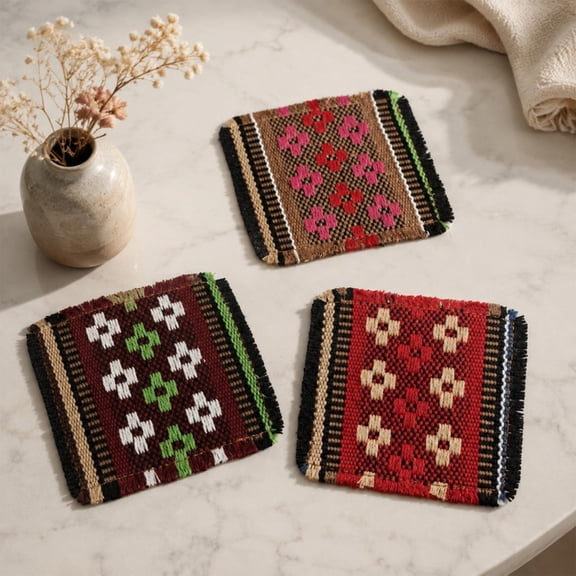 Vintage Jacquard Plain Weave Bohemian Cup Mat Set, Heat Block Fabric Table Pads for Coffee Tea, Non-Slip Drink Coasters for Desk & Dining Table​, Coffee