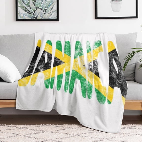 Vintage Jamaican Flag Design Flannel Throw Blanket, Soft, Lightweight, Moisture-Wicking, 280GSM, Machine Washable, Polyester Knit Fabric