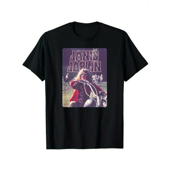 Vintage Janis Joplin Graphic T-Shirt - 100% Cotton, Black Crewneck Short Sleeve, S-XXXL Regular Fit, Casual Tee for Men & Women, Featuring Iconic Motorcycle Scene Design