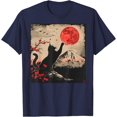 thumbnail image 1 of Vintage Japan Art Japanese Theme Retro Print Black Cat Softstyle Unisex T-Shirt Men Women Kids,Navy Color,Size 4T, 1 of 5