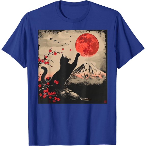 Vintage Japan Art Japanese Theme Retro Print Black Cat Softstyle Unisex T-Shirt Men Women Kids,Royal Blue Color,Size 2XL