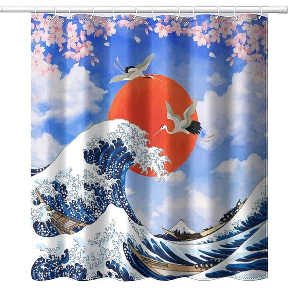 Vintage Japan Fabric Shower Curtains,Watercolor Ink Ancient Mount Fuji Crane Red Sun Hotel Quality,Machine Washable,72x72inch(183x183cm) for Bathroom.