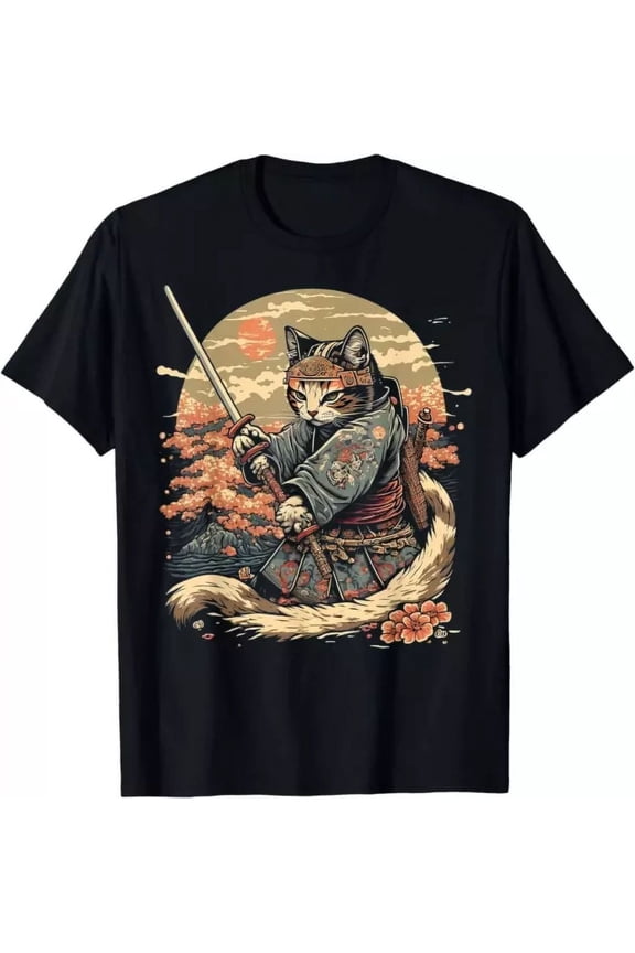 Vintage Japanese Art Cat Ninja Anime Samurai Cat T-Shirt, S-5Xl, Made In Us Best Birthday Gifts