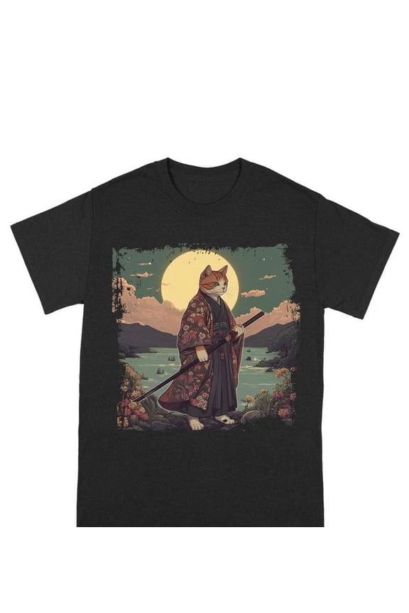Vintage Japanese Art Cat Ninja Ukiyo-E Anime Style Samurai Cat T-Shirt Gildan 5000 Best Birthday Gifts