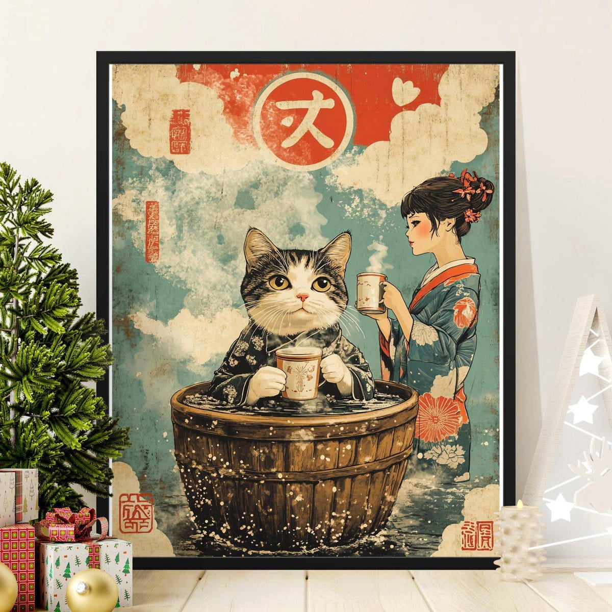 Vintage Japanese Art Poster, Cat in Wooden Tub, Geisha with Teacup ...