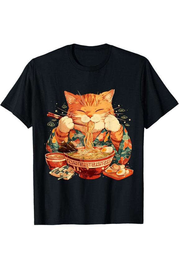 Vintage Japanese Art Ramen Cat Ninja Ukiyo-e Anime Style Samurai Cat T-Shirt S-5XL - Trending Birrthday Tee Gifts Vintage Tee -Birthday Gifts