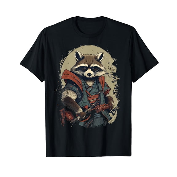 Vintage Japanese Art Samurai Racoon Cotton T-Shirt Black