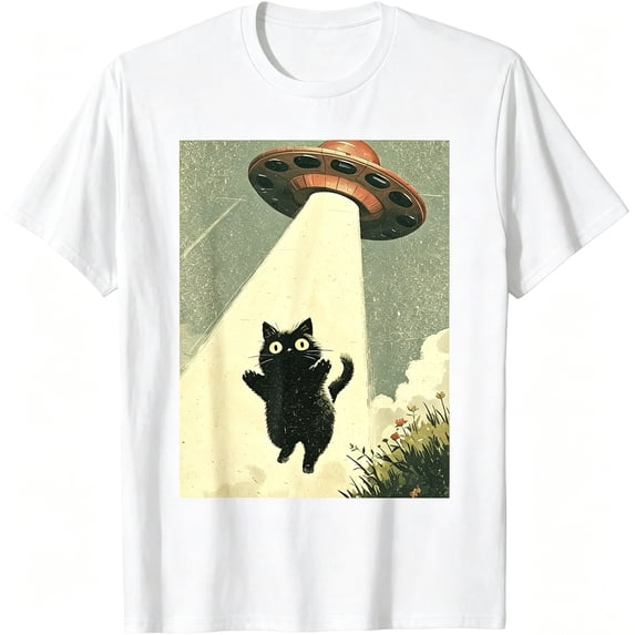 Vintage Japanese Cat Alien Cat Dad UFO Abduction Graphic Tee T-Shirt Outfits Black