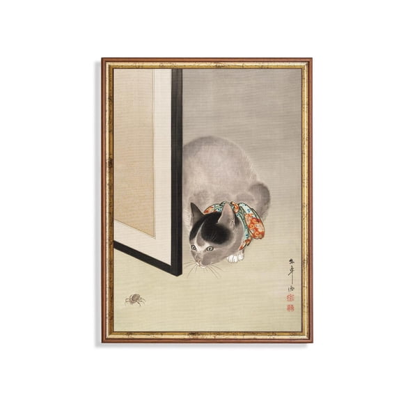 Vintage Japanese Cat Art Poster Kimono Bow, Minimalist Asian Decor Unframed Paper Print