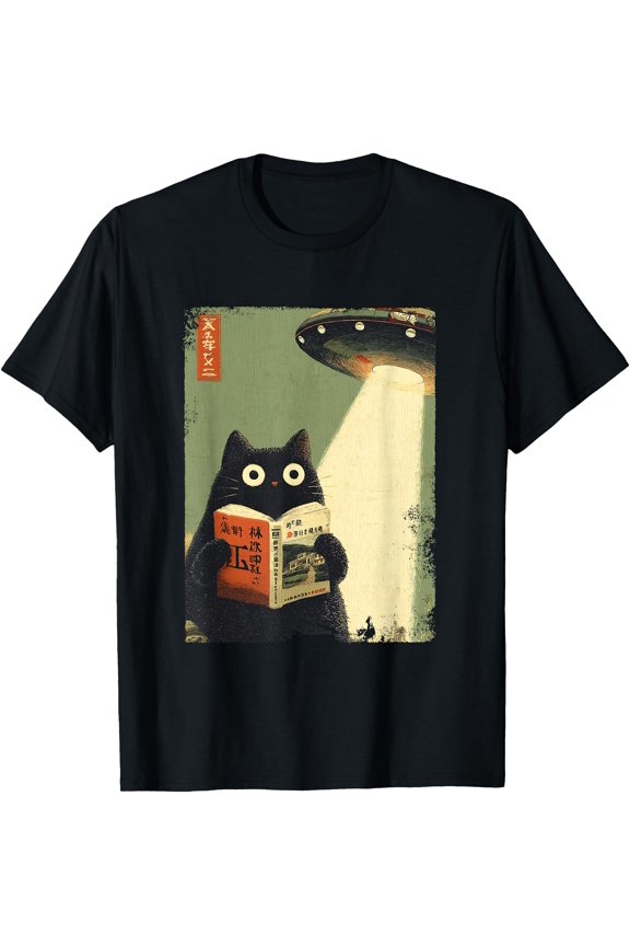 Vintage Japanese Cat Book Lovers UFO Alien Abduction Cat Dad T-Shirt