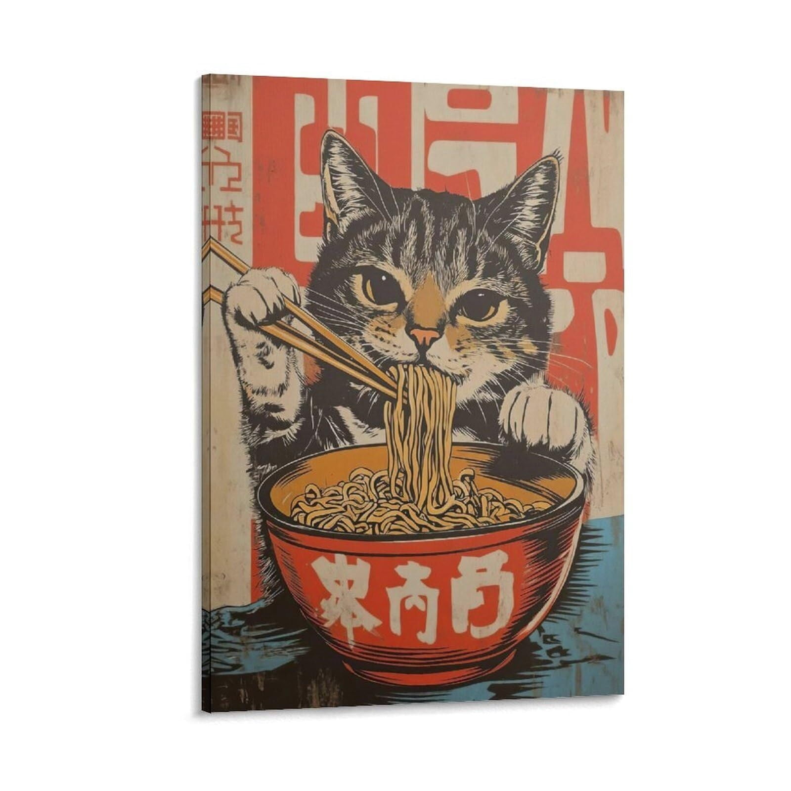 Vintage Japanese Cat Canvas Wall Art, Quirky Black Cat Eating Ramen ...