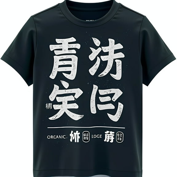 Vintage Japanese Characters Graphic T-Shirt Lodge Design Dark Blue Neck Tee