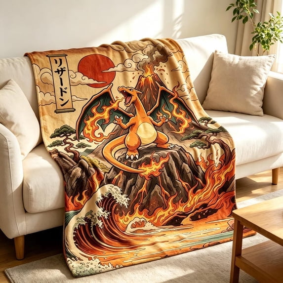 Vintage Japanese Charizard Throw Blanket, Retro Pokemon Blanket Throw, Anime Fan Birthday Gift, Soft Cozy Throw for Bed Couch Chair, Home Bedroom Living Room Decor