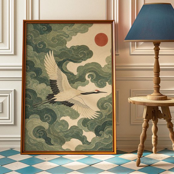 Vintage Japanese Crane Wall Art Asian Sun Cloud Zen Bird Chinoiserie Living Room Bedroom Decor, Unframed Poster