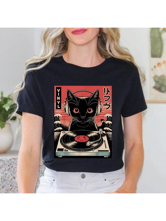 Vintage Japanese Dj Cat T-Shirt Vinyl Record Spinning Music Tee Unisex S-5XL Hot Trending Shirt, Vintage Birthday Gift