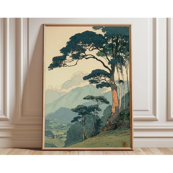 Vintage Japanese Forest Mountain Landscape Wall Art, Unframed Paper Poster 24x36in