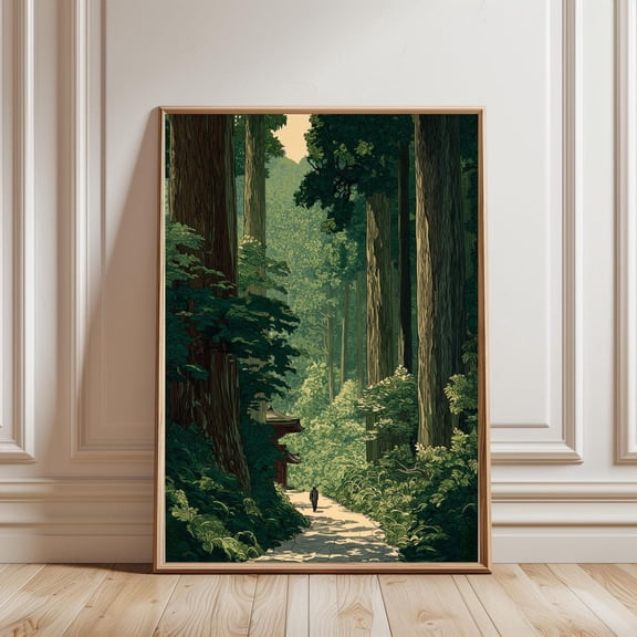 Vintage Japanese Forest Poster Art Inspired by Road to Nikko by Kawase Hasui Japandi Decor Botanical Wall Art