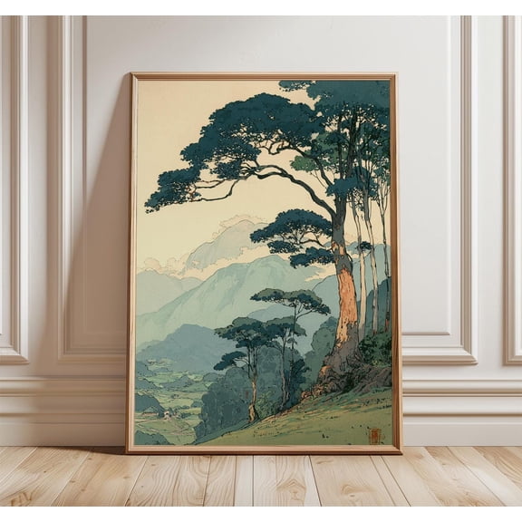Vintage Japanese Forest Poster, Tranquil Mountain Landscape Wall Art, Retro Nature Print, Minimalist Tree Scene, Serene Home Decor