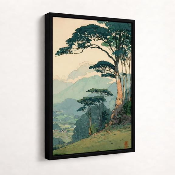 Vintage Japanese Forest Wall Art, Tranquil Mountain Landscape Poster, Retro Nature Print, Minimalist Tree Scene, Serene, Poster Only