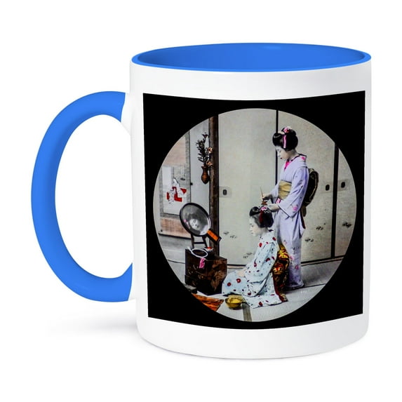 3dRose, Vintage Japanese Geisha Hair Dresser Magic Lantern Slide Hand Tinted, 11oz Two-Tone Blue Mug