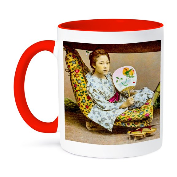 3dRose, Vintage Japanese Geisha in Palanquin Hand Colored Magic Lantern Slide, 11oz Two-Tone Red Mug
