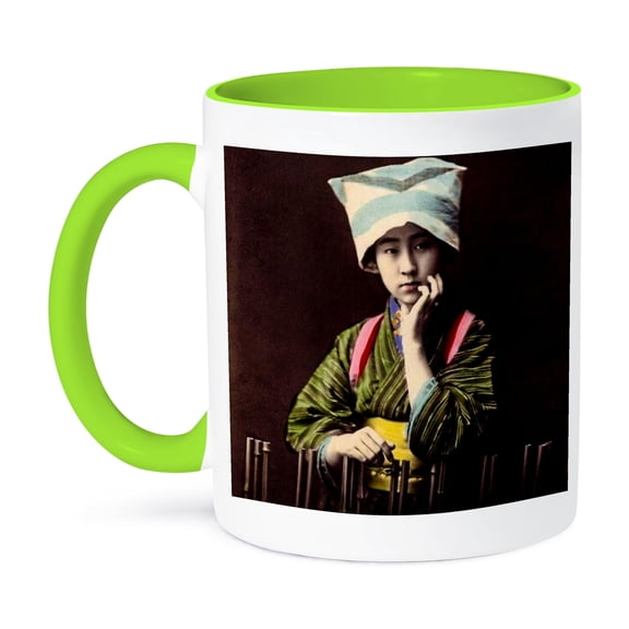 3dRose, Vintage Japanese Geisha in Thought Hand Colored Old Japan, 11oz Two-Tone Green Mug