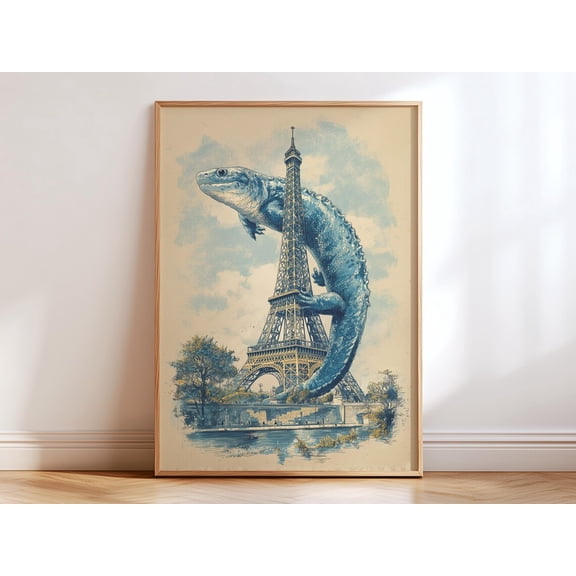 Vintage Japanese Giant Salamander Eiffel Tower Pointillism Surreal Animal Unique Nature Poster Unframed Paper Print