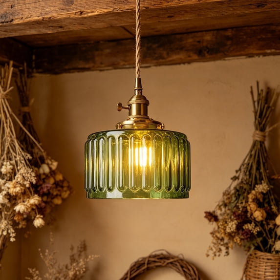 Vintage Japanese Green Pendant Lighting with Glass Shade,Adjustable Hanging Ceiling Lamp for Kitchen Dining Room Bar Cafe,Industrial Style Warm Ambient Light Fixture