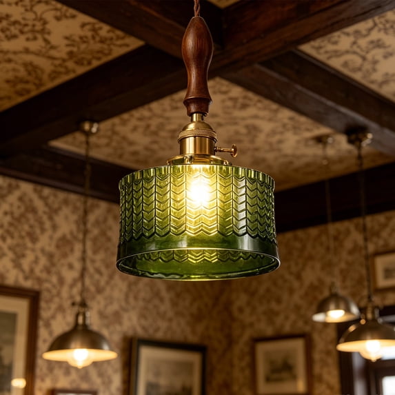 Vintage Japanese Green Pendant Lighting with Glass Shade,Adjustable Hanging Ceiling Lamp for Kitchen Dining Room Bar Cafe,Industrial Style Warm Ambient Light Fixture