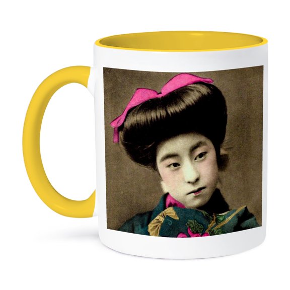 3dRose, Vintage Japanese Hand Colored Geisha with Pink Hair Ribbon, 11oz Two-Tone Yellow Mug