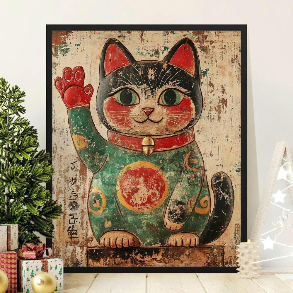 Kna Prints - Vintage Japanese Lucky Cat Poster, Maneki Neko Wall Art ...