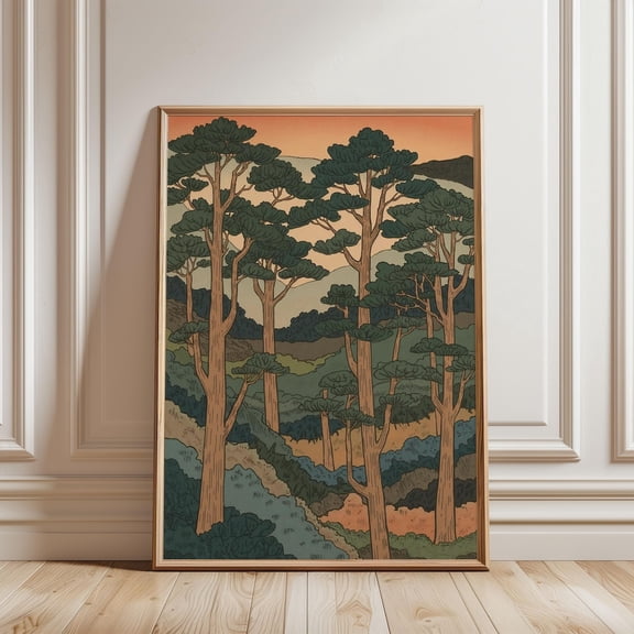 Vintage Japanese Pine Forest Wall Art Serene Mountain Home Decor