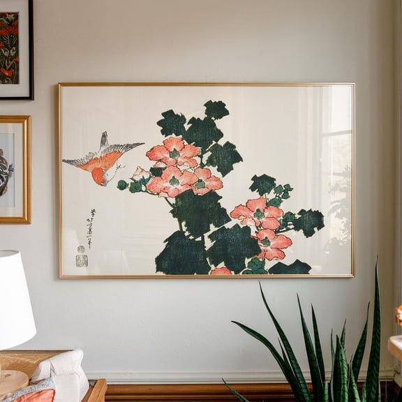 Vintage Japanese Poster, Red Roses And Bird By Katsushika Hokusai, Floral Home Decor, Japanese Art, Living Room Wall Art, Ukiyo-E, Unframed Poster Size 16x24