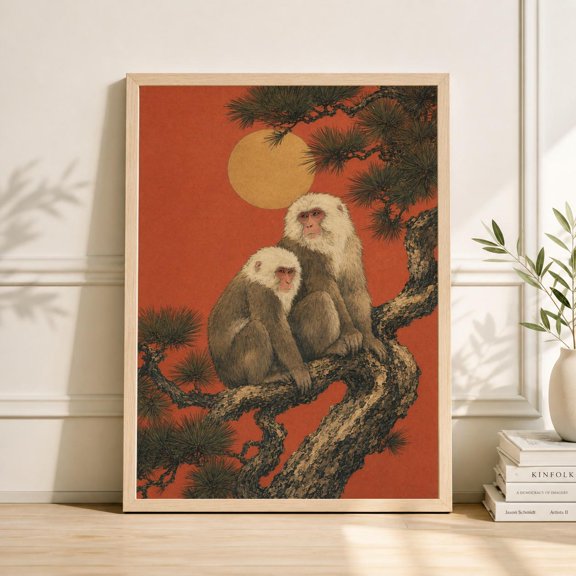 Vintage Japanese Red Monkey Poster, Pine Tree Wildlife Wall Art, Asian Animal Illustration , Poster Print Only