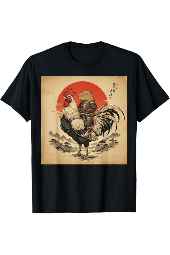 Vintage Japanese Samurai Capybara Rooster Chicken Anime T-Shirt
