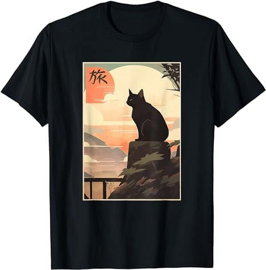 Vintage Japanese Scenery Kanji Writing Journey Black Cat T-Shirt ...