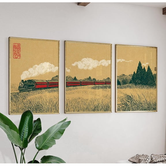 Vintage Japanese Steam Train Triptych Railway Countryside Wall Art Set 3 Unframed Paper Print 20x30